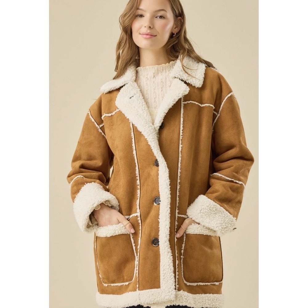 Altar'd State Flora Faux Suede Shearling Warm Jacket Cognac Brown Size Medium - Picture 6 of 6